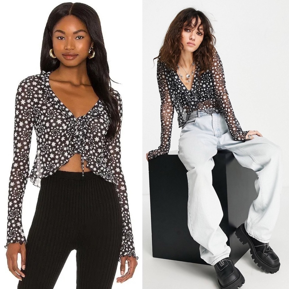NEW FREE PEOPLE Y2K Sheer Star Tie‎ Front Ruffle V-Neck Long Sleeve Crop Top XS